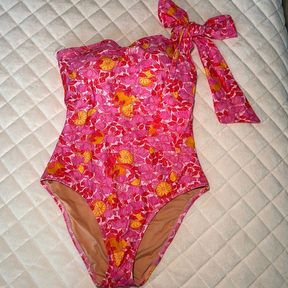 NWT J Crew Bow One-Shoulder One Piece Swimsuit Pink Limone 10